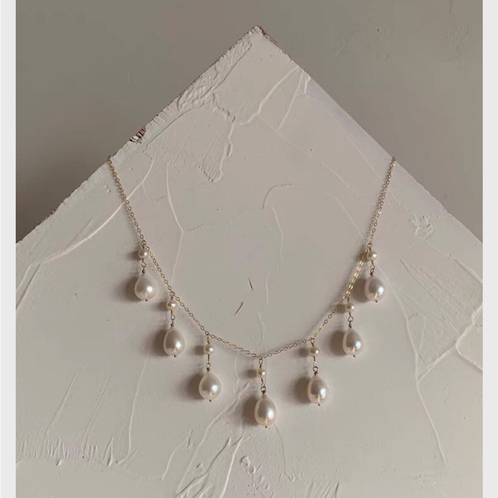 14K gold filled freshwater pearl France style lace necklace. Multiple-Layered
